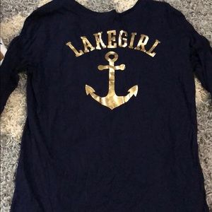 Lake Girl Long Sleeve Tee, Navy with Gold